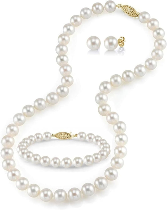 Couture 14K Gold Freshwater Pearl Jewelry Set for Women – Featuring a Stunning Necklace, Earrings, and Bracelet with Genuine Cultured Pearls (7.0-8.0mm) – Perfect Gifts for Christmas, Holidays, and Anniversaries!