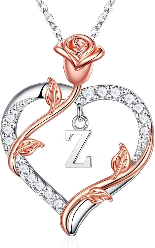 Couture Charming Rose Heart Necklaces for Women – 925 Sterling Silver Initial Heart Necklace, Perfect Anniversary and Birthday Gifts for Your Wife, Girlfriend, or Mom!