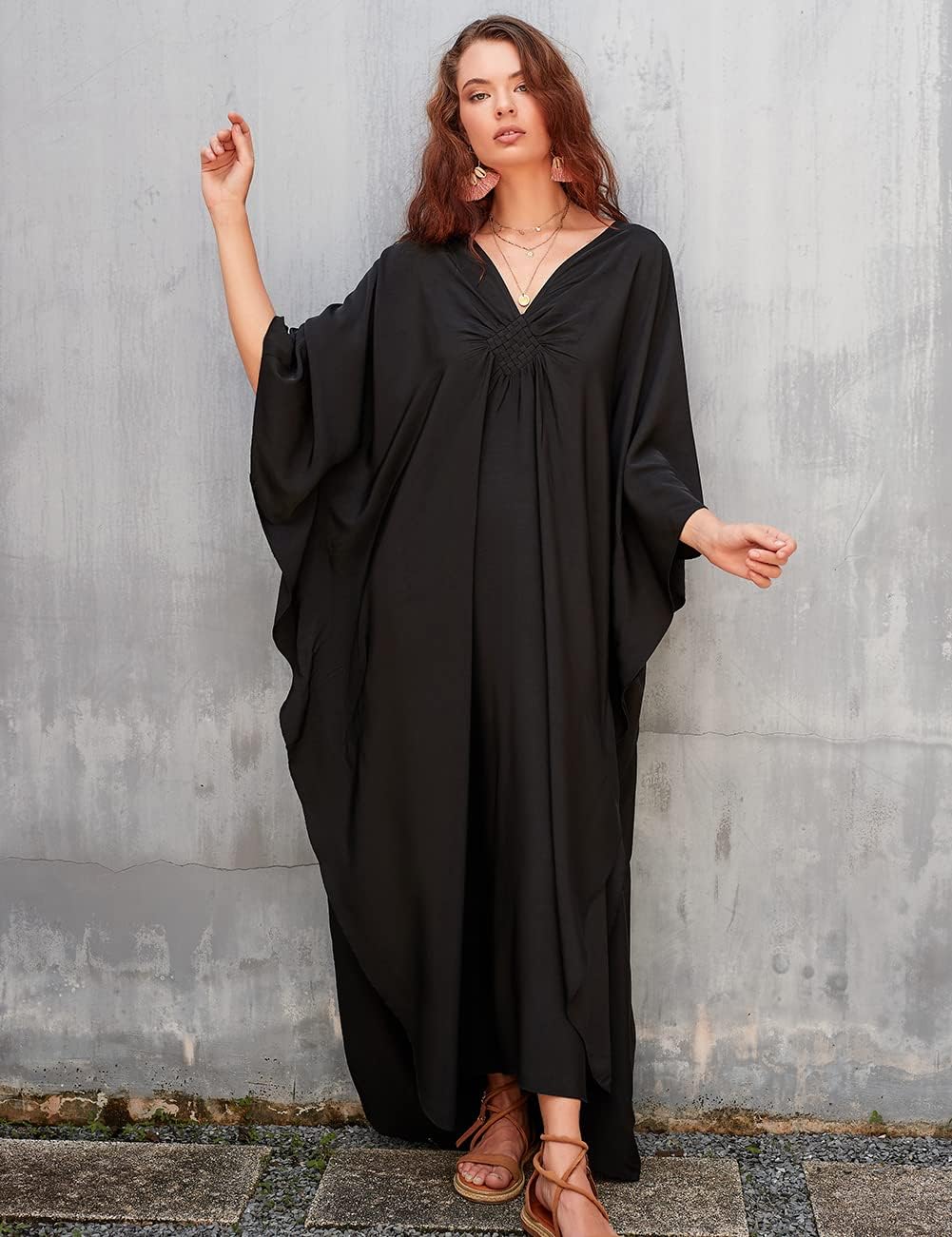 Kaftan Couture Women Solid Color Cover up V Neck Batwing Sleeve plus Size Beach Kaftan Dresses