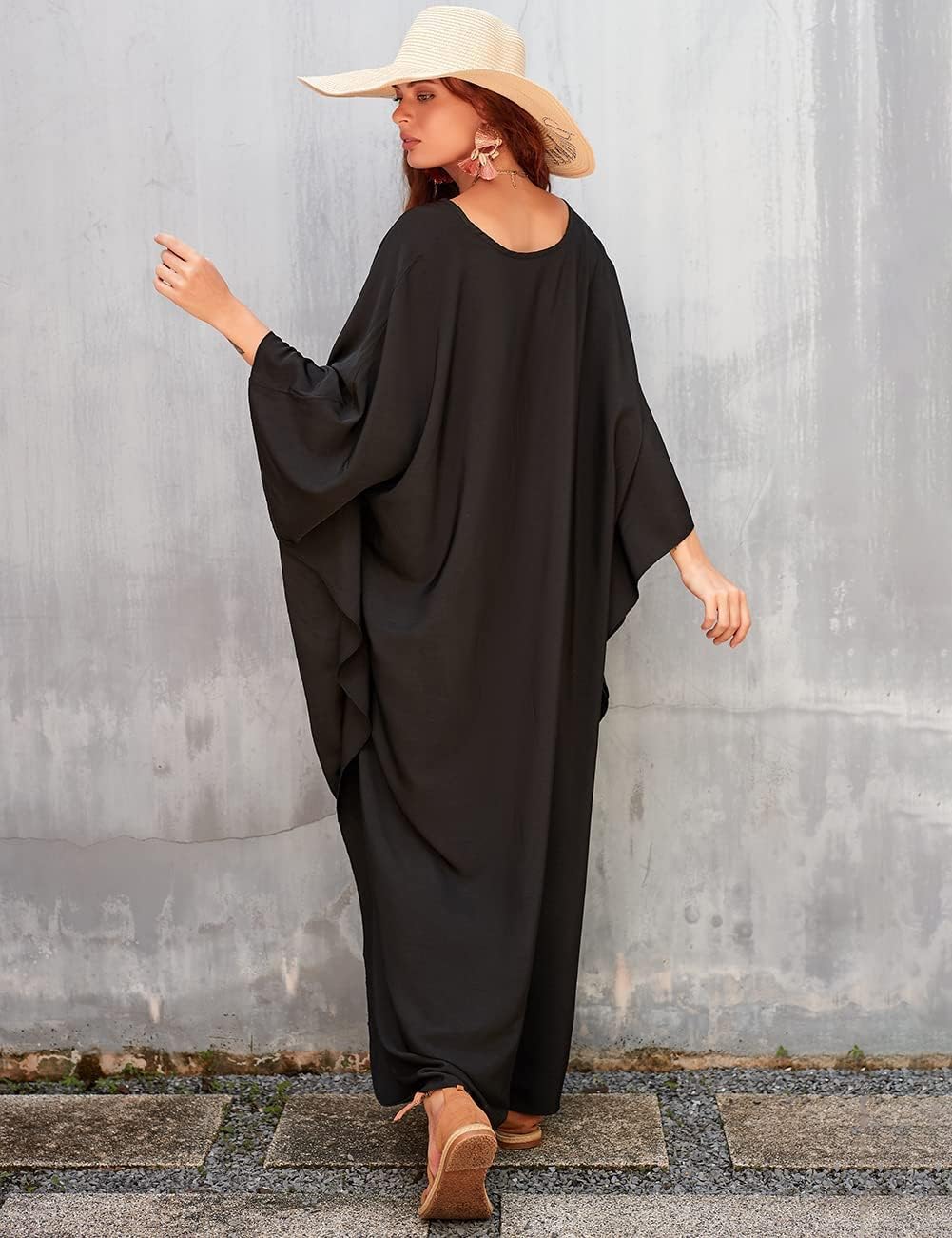 Kaftan Couture Women Solid Color Cover up V Neck Batwing Sleeve plus Size Beach Kaftan Dresses