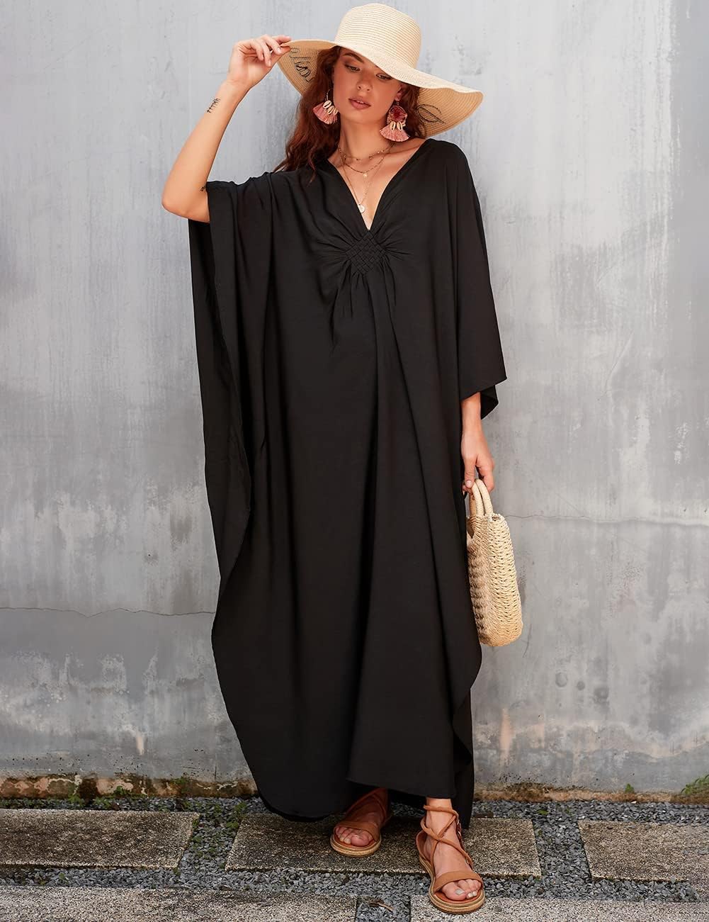 Kaftan Couture Women Solid Color Cover up V Neck Batwing Sleeve plus Size Beach Kaftan Dresses