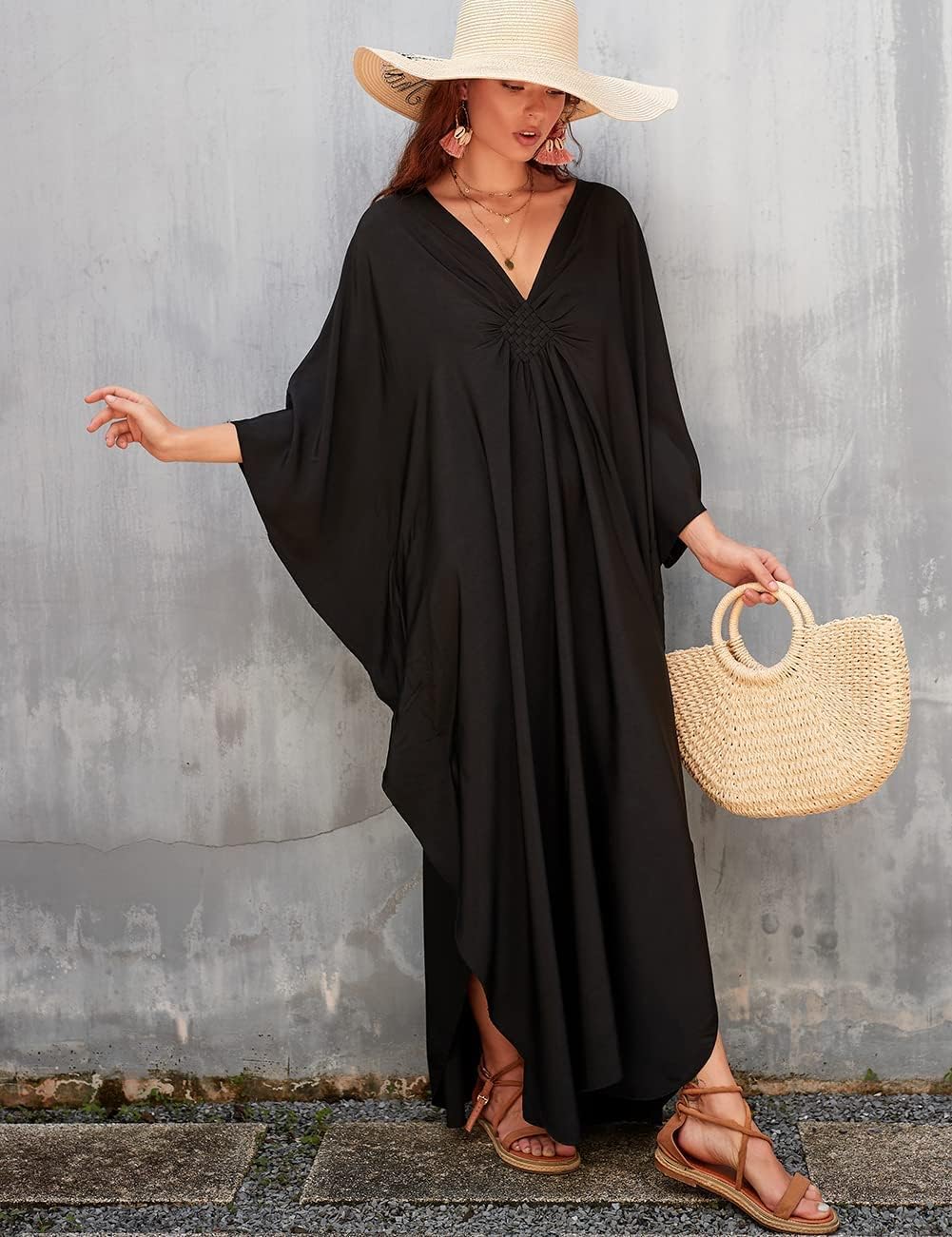 Kaftan Couture Women Solid Color Cover up V Neck Batwing Sleeve plus Size Beach Kaftan Dresses