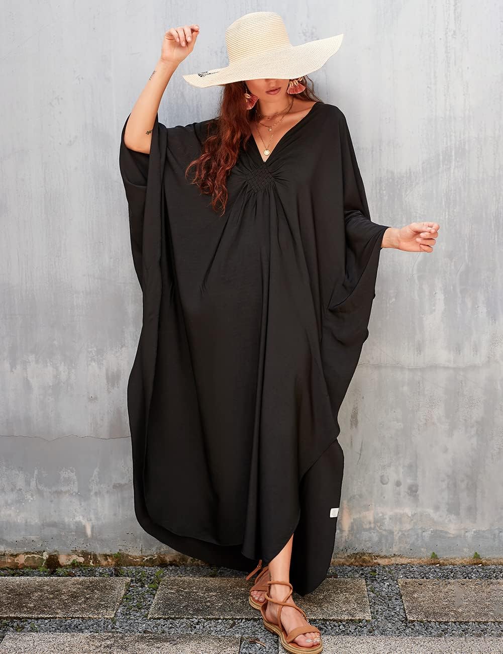 Kaftan Couture Women Solid Color Cover up V Neck Batwing Sleeve plus Size Beach Kaftan Dresses