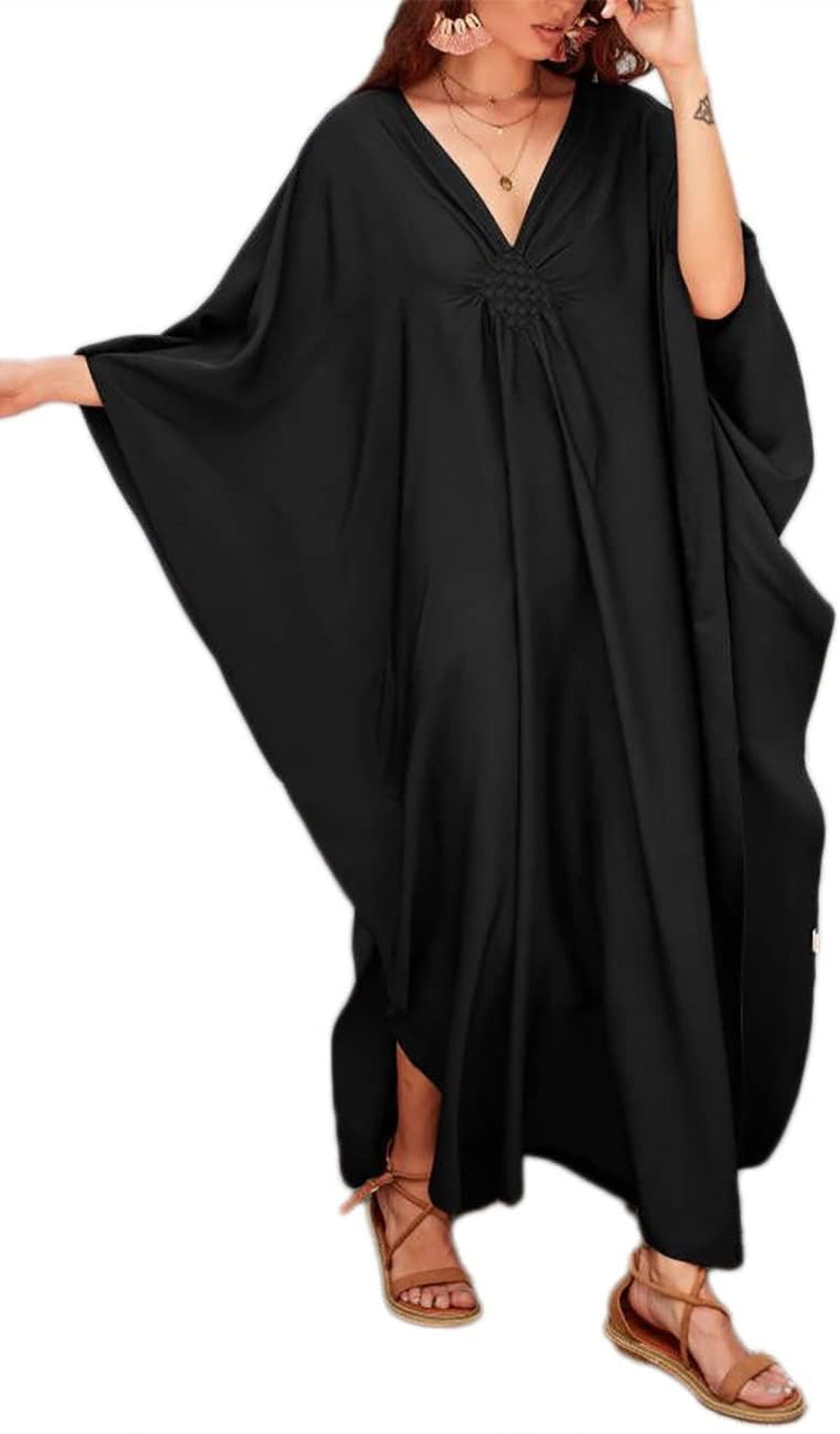 Kaftan Couture Women Solid Color Cover up V Neck Batwing Sleeve plus Size Beach Kaftan Dresses