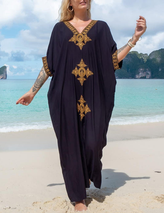 Couture Gold Embroidery Long Kaftan Dresses V Neck Caftan Dress Beach Cover Ups for Women Embroidery